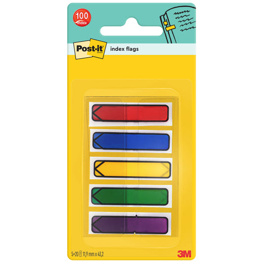 Eine Packung Post-it® Index Pfeile, 11,9 mm x 43,2 mm, mit 100 Klebefähnchen in verschiedenen Farben. Enthält einen Spender pro Packung. Marke: 3M Deutschland GmbH.