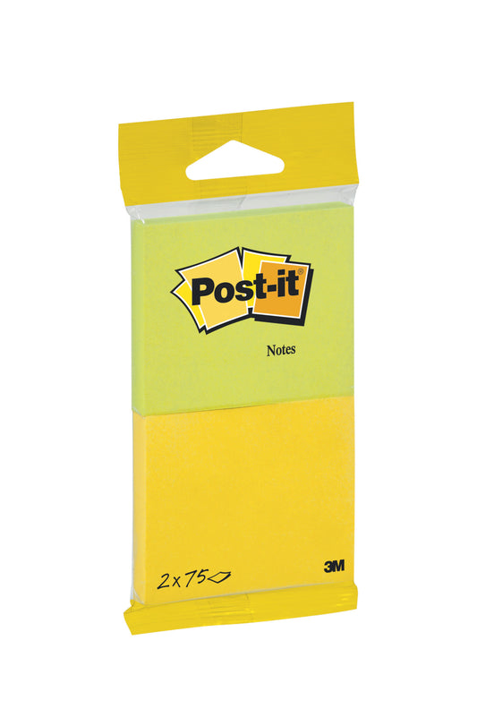 Eine Packung der 3M Deutschland GmbH: Post-it® Notes, Energetic Collection, 76 × 63,5 mm, 2 gelbe Blöcke, je 75 Blatt, 100% PEFC-zertifiziert (SGSCH-PEFC-COC-110078), mit Aufhängeloch und Post-it Notes Logo auf der Packung.