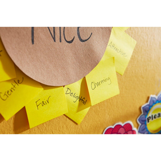 Nahaufnahme von 3M Post-it® Notes Würfel 636-B in Gelb (76 x 76 mm, 450 Blatt/Block), die halbkreisförmig an einer Wand mit positiven Worten angeordnet sind. Auch ein Teil eines größeren braunen Kreises mit der Aufschrift "Nice" ist zu sehen.