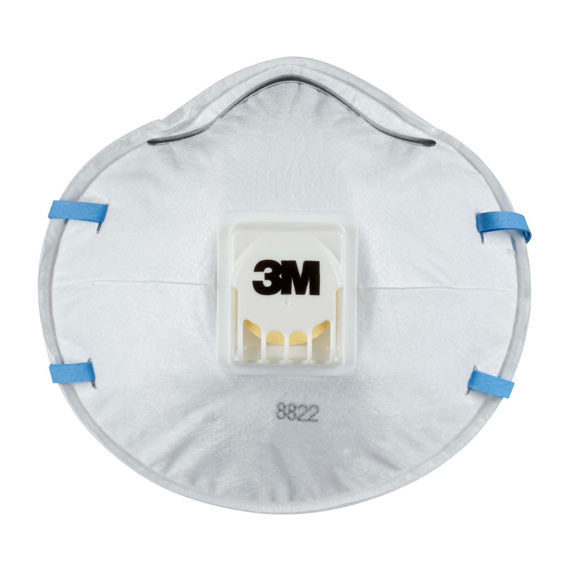 Die 3M™ Cool Flow™ Partikelmaske 8822, FFP2, von 3M Deutschland GmbH ist eine weiße Staubmaske mit zentraler Belüftung, blauen elastischen Bändern und der Aufschrift "8822" unterhalb des Ventils.
