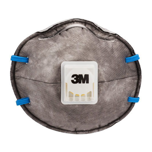 Eine 3M™ Cool Flow™ Partikelmaske 9922 FFP2 Einwegmaske, grau mit blauen Bändern und einem weißen Ventil mit der Aufschrift "3M", ist auf weißem Hintergrund abgebildet; diese Maske ist geruchshemmend und wird von 3M Deutschland GmbH verkauft.