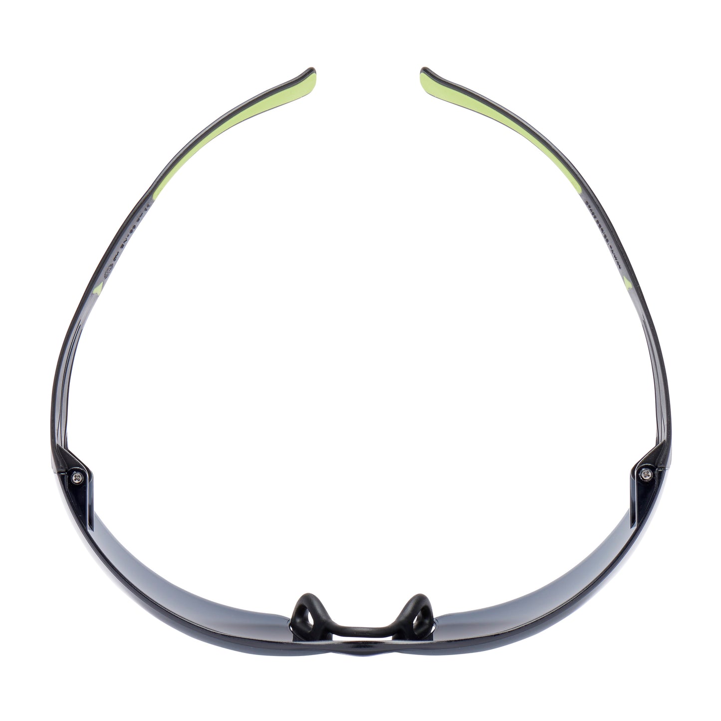 Die 3M™ SecureFit™ Schutzbrille 400 der 3M Deutschland GmbH, hier von oben, hat schwarz-grün gebogene Arme und dunkel getönte Gläser auf weißem Hintergrund.