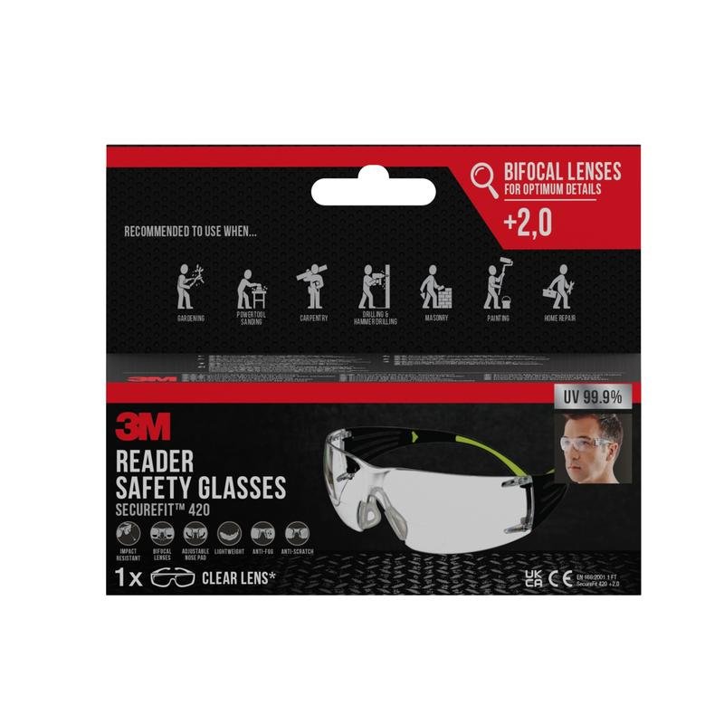 A pack of 3M™ SecureFit™ reading safety glasses from 3M Deutschland GmbH features +2.0 bifocal clear lenses, 99.9% UV protection, and is recommended for sawing, carpentry, and painting work.