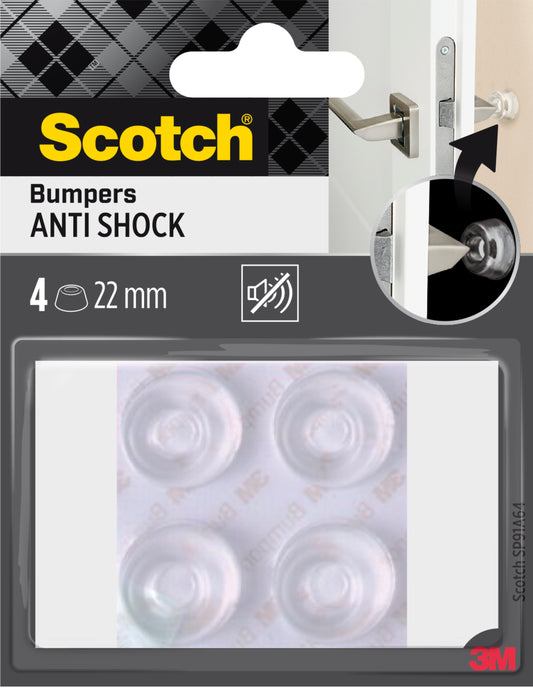 Eine Packung Scotch® Stoßabsorbierende Elastikpuffer für Wände SP91A64 von 3M Deutschland GmbH, enthält vier transparente, selbstklebende 22 mm große Puffer, abgebildet an einem Türgriff zum Schutz vor Stößen; 3M Logo sichtbar.