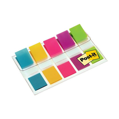 The Post-it® Index Tabs Mini dispenser from 3M Deutschland GmbH holds 100 colorful markers (11.9 x 43.2 mm) in the colors blue, yellow, pink, purple, and green; on the right side of the transparent plastic dispenser is a small yellow Post-it Notes label.