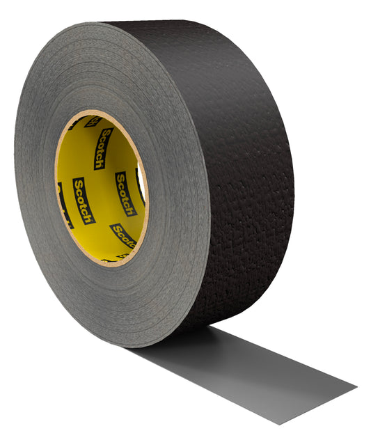 Eine Rolle schwarzes Scotch® Extremium™ Ultra Hochleistungs-Klebeband DT17 (10 m x 24 mm) der 3M Deutschland GmbH wird teilweise abgerollt, wobei der innere Kern den Scotch-Markennamen in Gelb und Schwarz trägt.