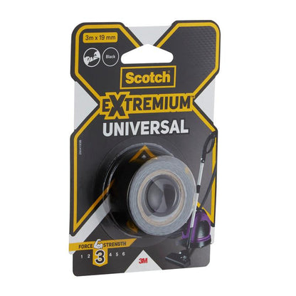 A pack of 3M Deutschland GmbH Scotch® Extremium™ Universal Adhesive Tape, 3 m x 19 mm, black, strength level 3 on the front; packaging in yellow, black and white.