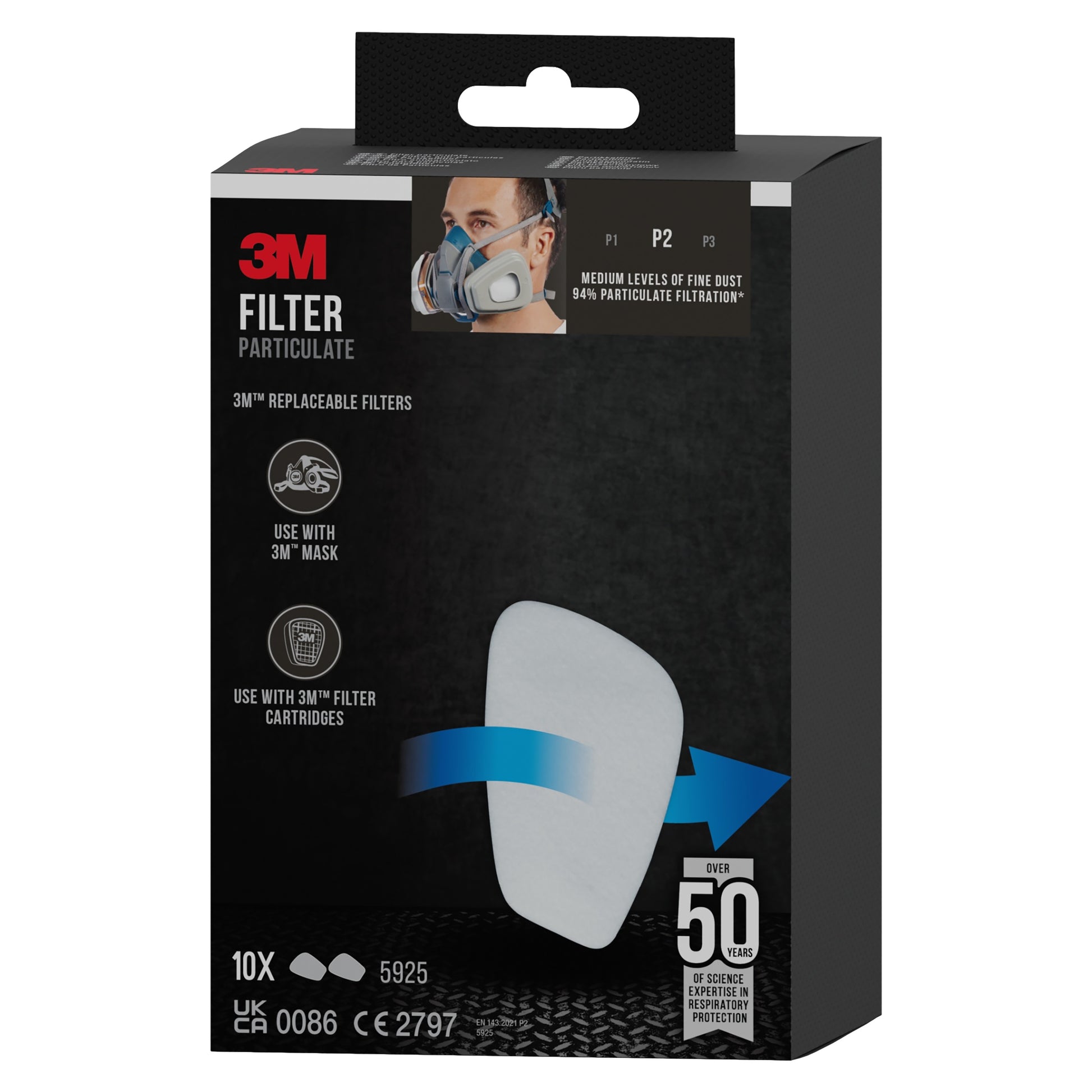 Eine Schachtel mit 10 Paar 3M™ Partikelfilter 5925, P2 von 3M Deutschland GmbH, abgebildet mit weißen Filtern und einer Anleitung zur Verwendung mit einer 3M Maske und Filterpatronen.