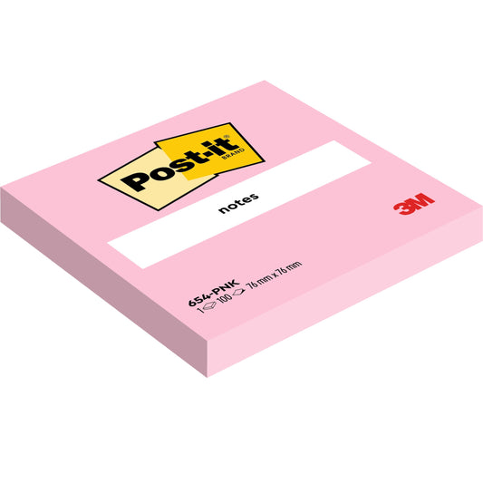 Ein Stapel pinkfarbener Post-it® Notes der 3M Deutschland GmbH, 76 mm x 76 mm, 100 Blatt pro Block, mit Post-it-Logo und aus 100% PEFC-zertifiziertem Papier (SGSCH-PEFC-COC-110078). Die Packung enthält einen Block.