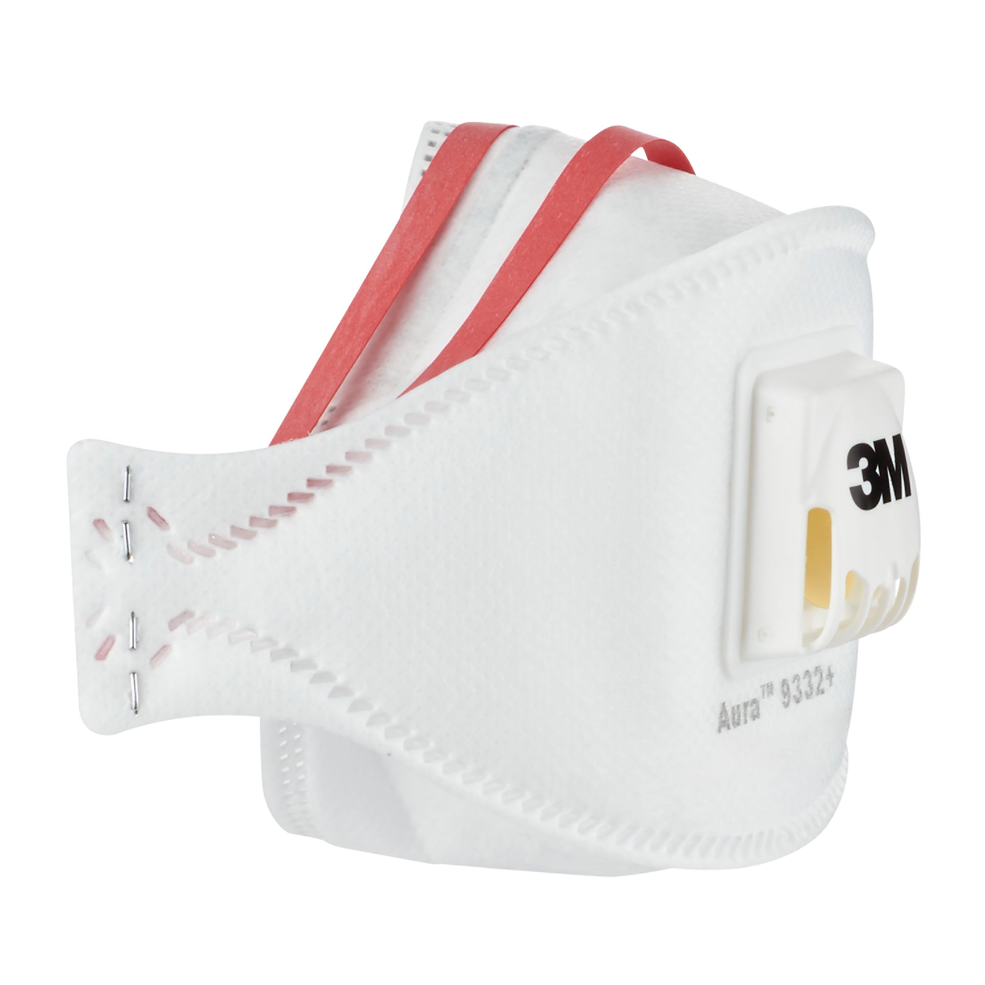 Eine Seitenansicht der 3M™ Aura™ Comfort Cool Flow™ Partikelmaske 9332+ (FFP3, mit Ventil) der 3M Deutschland GmbH ist vor einem unifarbenen Hintergrund mit weißem Material, roten Bändern und einem Ventil abgebildet.