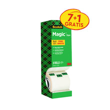 Das Scotch® Magic™ Unsichtbares Klebeband Vorteilspack (8 Rollen, 19 mm x 33 m) von 3M Deutschland GmbH kommt im grün-schwarzen Karomuster mit gelbem "7+1 GRATIS"-Label oben rechts und sichtbarem Marken- sowie 3M-Logo.