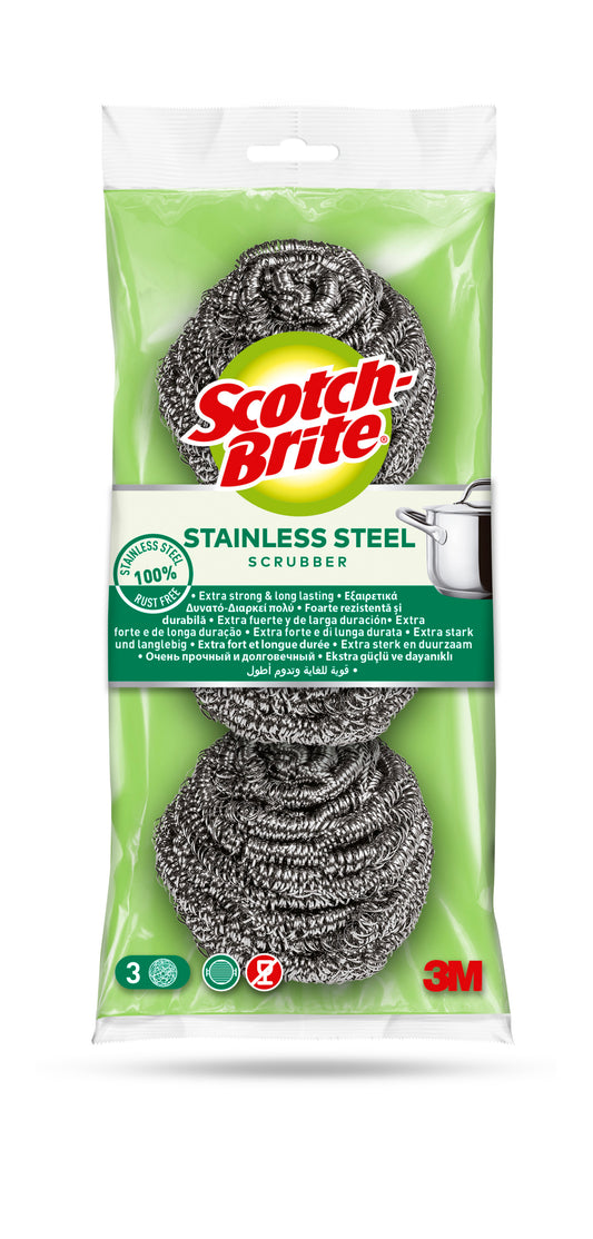 Eine Packung Scotch-Brite® Edelstahl-Spirale der 3M Deutschland GmbH, bestehend aus drei Edelstahl-Spiralen in einem grün-klarem Beutel mit dem Scotch-Brite-Logo und Produktangaben auf der Vorderseite.