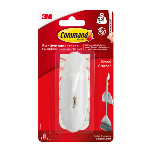 Vorderansicht der Verpackung der 3M Deutschland GmbH Command™ Large Drahthaken, 17069 (1 Stück) mit weißem Klebehaken und -streifen, mit französischem Text und Bildern zum Aufhängen von Gegenständen wie einem Besen.