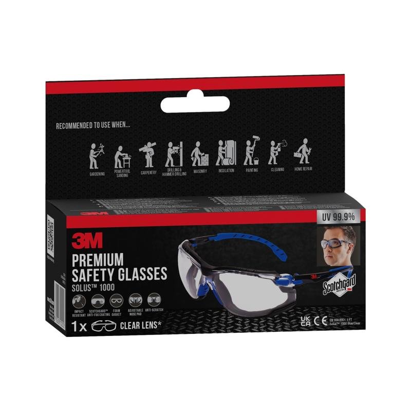 A box of 3M™ Solus™ Safety Glasses 1000 from 3M Deutschland GmbH with Scotchgard™ Anti-Fog Coating, attachable foam gasket, and clear lens, including logo, application tips, and pictures of the glasses and a wearer.
