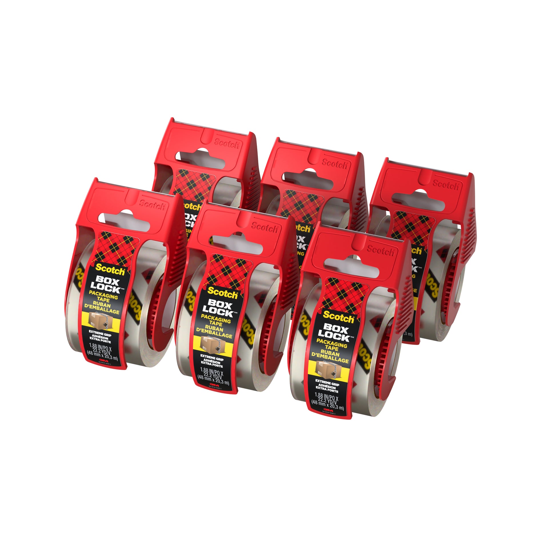 Sechs Rollen Scotch® Box Lock™ Verpackungsklebeband 48 mm x 20,3 m der 3M Deutschland GmbH, jeweils mit rotem Spender, sind auf weißem Grund gruppiert. Die Etiketten zeigen die Marke und Produktangaben in Gelb, Schwarz und Rot.