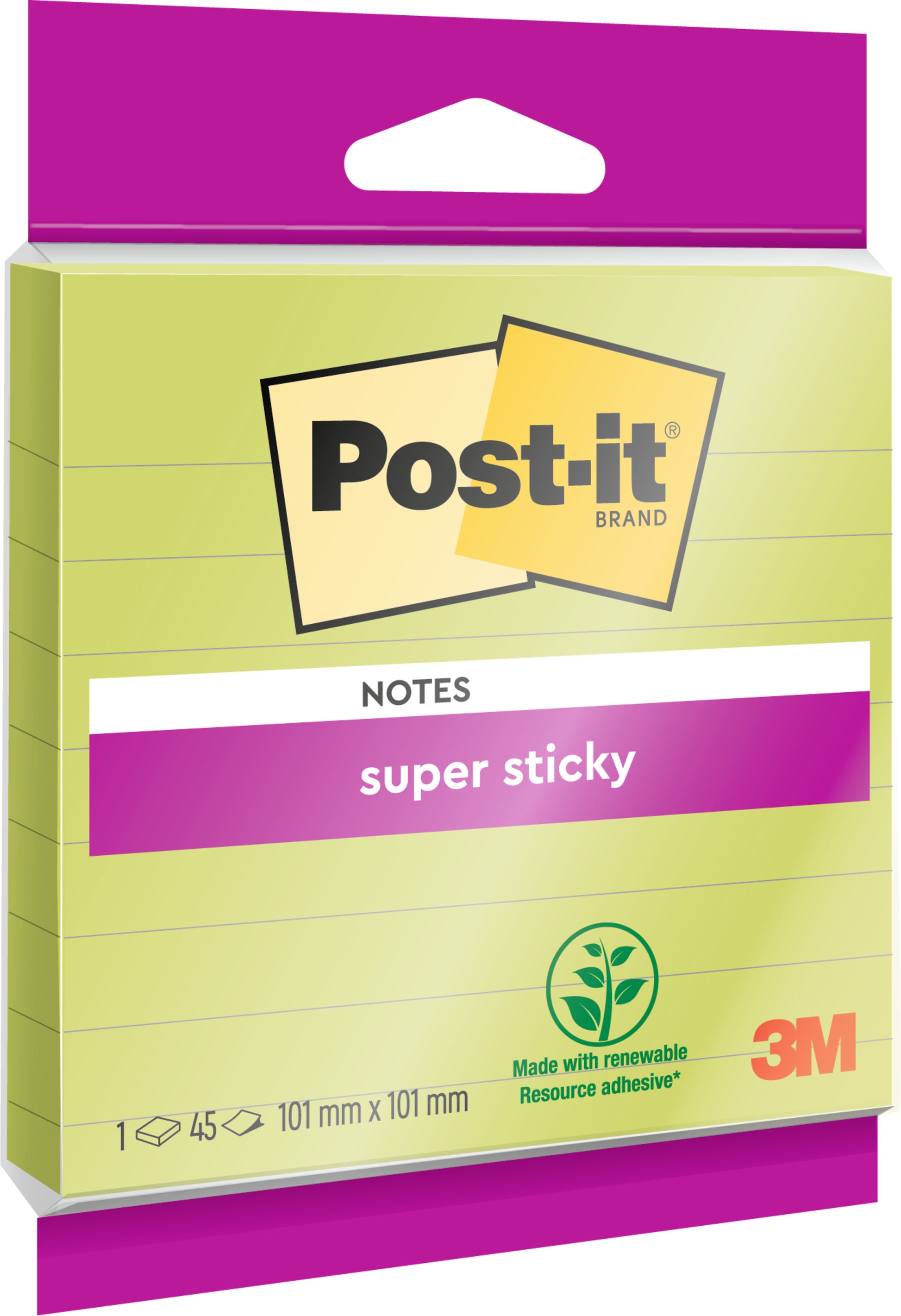 Eine Packung Post-it® Super Sticky Notes im Großformat, liniert, 101 mm x 101 mm, 45 Blatt/Block, 100% PEFC von 3M Deutschland GmbH.