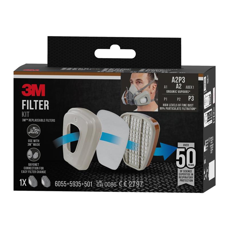A box of 3M™ Filter Set 6003-1, A2P3 for organic vapors (2x6055, 2x5935, 2x501) by 3M Deutschland GmbH, with filter cartridges, certification details, and a person wearing a respirator mask.