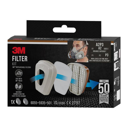 A box of 3M™ Filter Set 6003-1, A2P3 for organic vapors (2x6055, 2x5935, 2x501) by 3M Deutschland GmbH, with filter cartridges, certification details, and a person wearing a respirator mask.