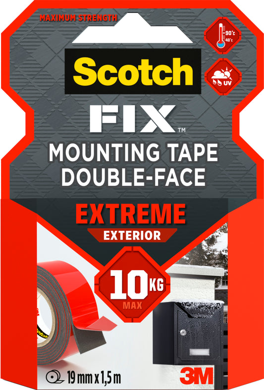 Ein Paket Scotch-FIX™ Extreme doppelseitiges Außenmontageband von 3M Deutschland GmbH, mit maximaler Festigkeit, 10 kg Belastbarkeit, UV-Beständigkeit, Größe 19 mm x 1,5 m, ideal für den Außeneinsatz.