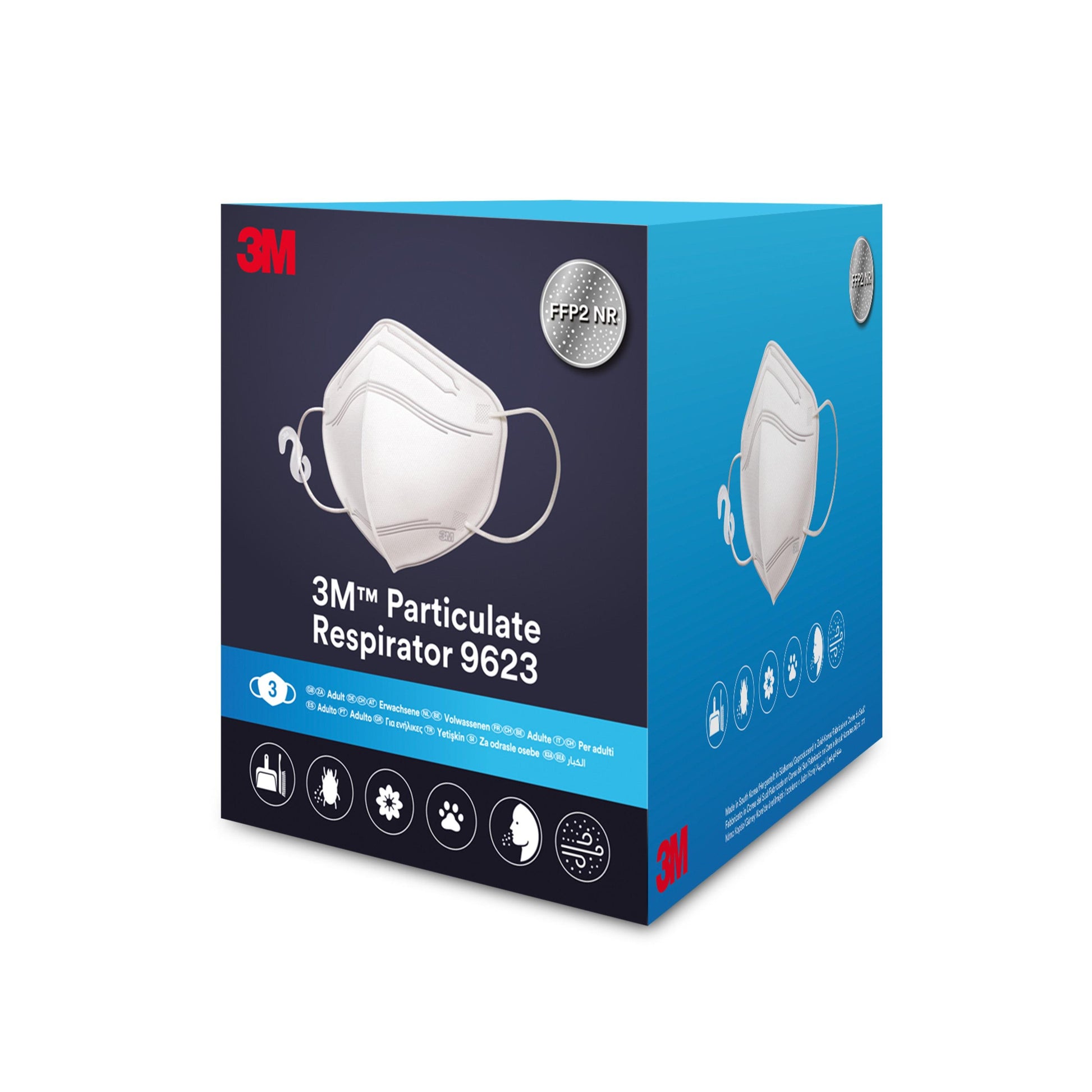 Eine blau-weiße Schachtel der 3M™ Partikelmaske 9623 von 3M Deutschland GmbH mit dem Maskenbild, dem Produktnamen, den Symbolen für den FFP2-Schutz, der Gebrauchsanweisung und einer Packungsgröße von 3 Masken.