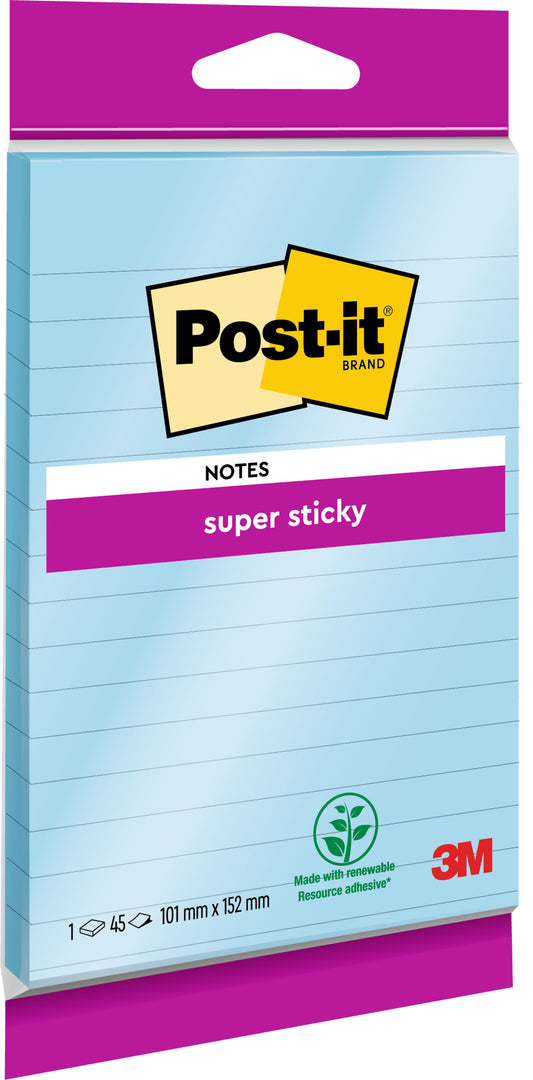 Eine Packung Post-it® Super Sticky Notes im Großformat, liniert (102 x 152 mm, 45 Blatt, 100% PEFC) von 3M Deutschland GmbH mit extra starkem Halt.