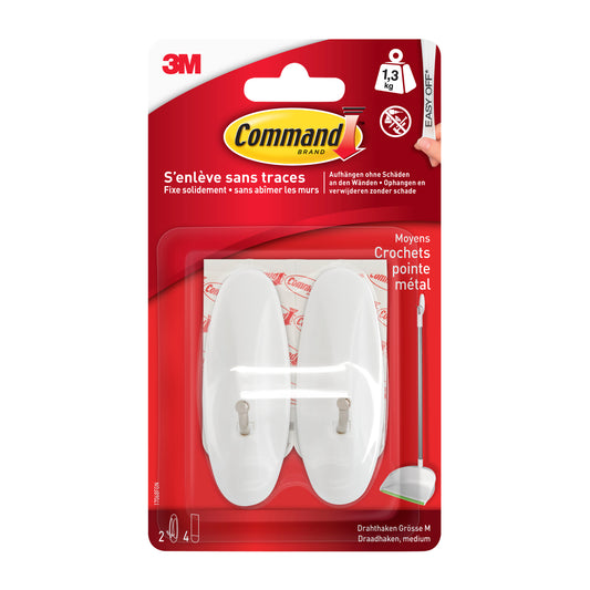 Eine Packung 3M Command™ Medium Drahthaken (17068) der 3M Deutschland GmbH enthält einen Haken; die Verpackung ist rot-weiß, zeigt den Haken und gibt auf Französisch und Englisch an, dass er bis zu 1,3 kg hält und sich sauber entfernen lässt.