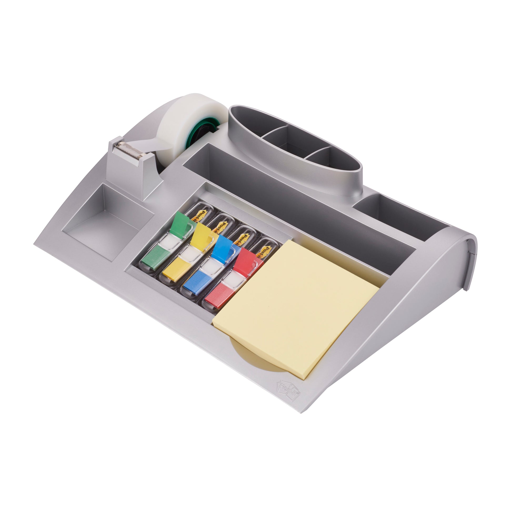 Der Post-it® Tisch-Organizer von 3M Deutschland GmbH bietet Post-it® Notes, Index, Scotch® Magic™ Klebeband und offene Fächer für Bürobedarf in einem kompakten, grauen Kunststoff-Organizer.