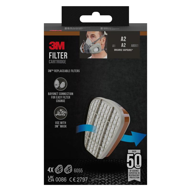 A black packaging of the 3M™ Filter Cartridge 6055, A2 Organic Vapors from 3M Deutschland GmbH, showing a cartridge with a white grid and an arrow for attachment, indicating replaceable filters for organic vapors and mask compatibility.