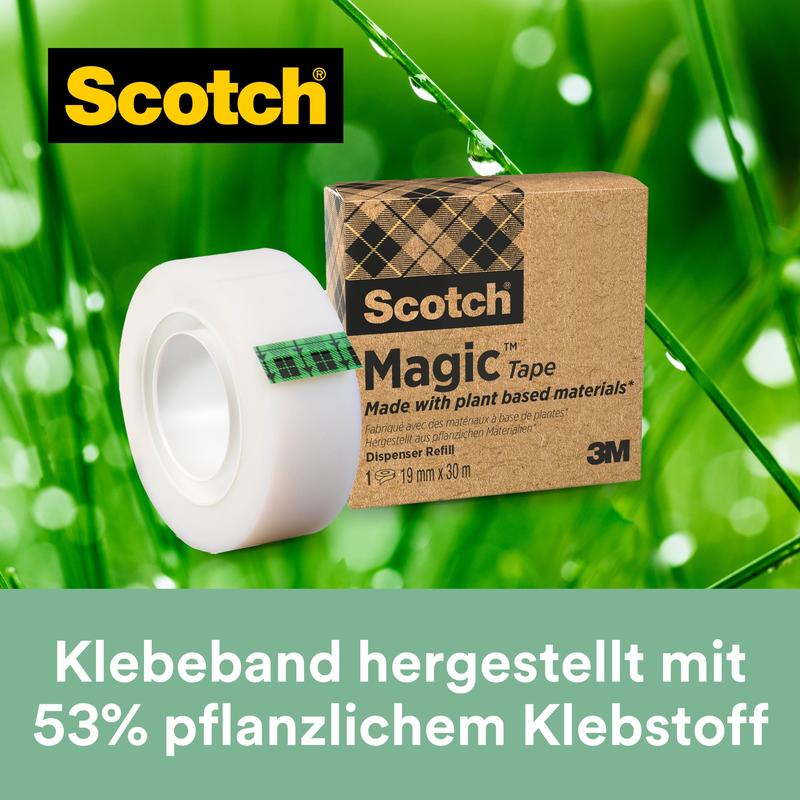 Shown is a pack of 9 rolls of Scotch® Magic™ Tape (19 mm x 33 m) from 3M Deutschland GmbH. The packaging highlights that the tape is made with 66% plant-based adhesive for sustainable office supplies.