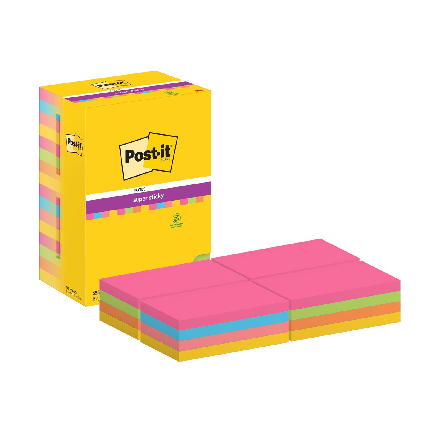 A yellow Post-it® Super Sticky Notes box from 3M Deutschland GmbH with 16 pads (76 x 127 mm, 90 sheets/block) in pink, green, orange, and blue, strong adhesive surface, PEFC certified.