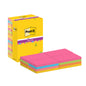 A yellow Post-it® Super Sticky Notes box from 3M Deutschland GmbH with 16 pads (76 x 127 mm, 90 sheets/block) in pink, green, orange, and blue, strong adhesive surface, PEFC certified.