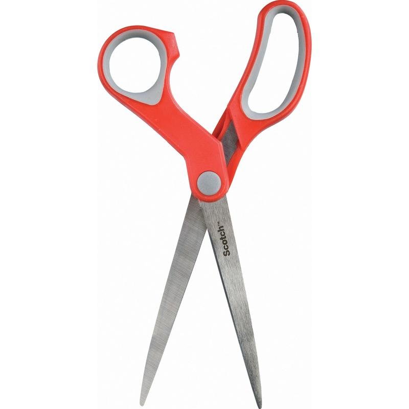 Pictured is a pair of Scotch™ Comfort Scissors, red by 3M Deutschland GmbH, with red plastic handles and partially open metal blades against a white background. "Scotch" is printed on one blade.