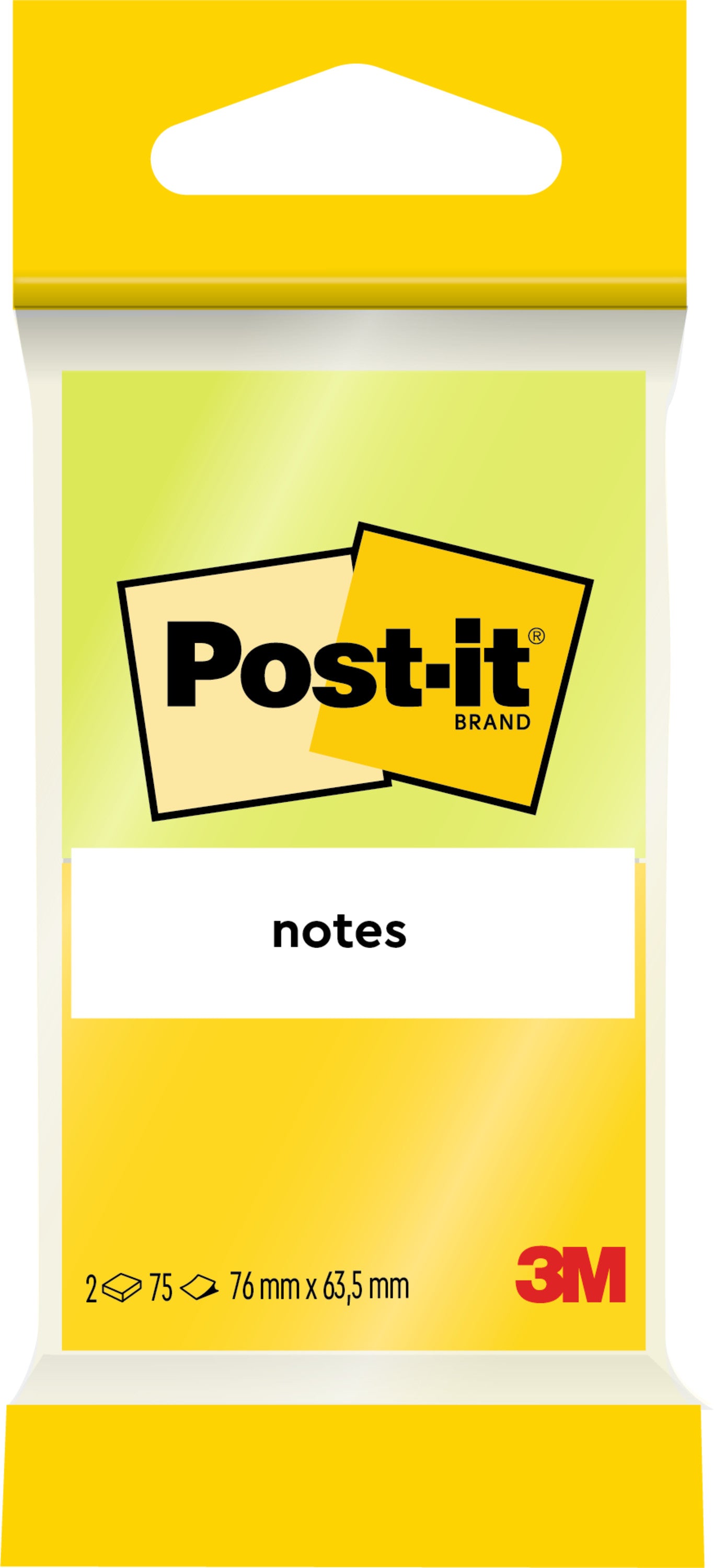 Eine gelbe Packung Post-it® Notes Joyful Collection von 3M mit dem schwarzen Etikett "notes" enthält zwei Blöcke mit je 75 Blatt (76 x 63,5 mm), die PEFC-zertifiziert sind (SGSCH-PEFC-COC-110078) und aus verantwortungsvollen Quellen stammen.