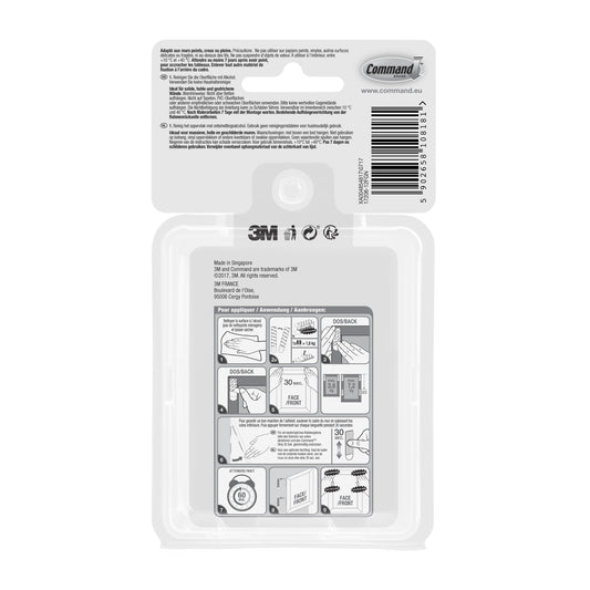 Rückseite der Command™ Große Bilder-Montage Strips L Vorteilspackung (12 Sets, 3M), mit sechs bebilderten Anwendungsschritten, Barcode, Produktinfos und Sicherheitshinweisen in mehreren Sprachen.