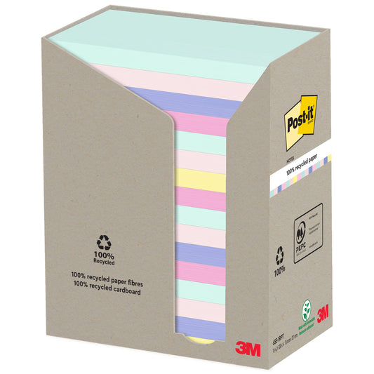 Eine Schachtel Post-it® Recycling Notes (76 mm x 127 mm, 100 Blatt/Block, 100% PEFC) der 3M Deutschland GmbH enthält pastellfarbene, linierte Notizen und zeigt auf der Vorderseite das Post-it Logo mit Recycling-Symbolen.