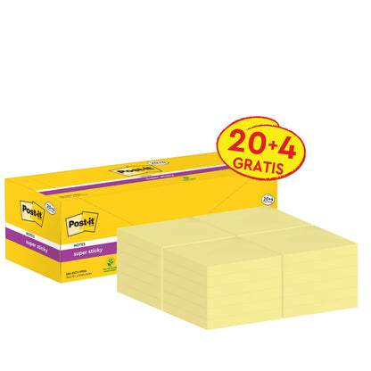 Pictured is a yellow box of Post-it® Super Sticky Notes (76 mm x 76 mm, 90 sheets/block, 100% PEFC) from 3M Deutschland GmbH with five stacks in front; the box is labeled with a red-yellow tag "20 + 4 FREE".