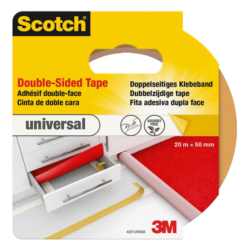 The packaging for the Scotch® Universal Carpet Tape by 3M Deutschland GmbH shows a roll used on a desk and a carpet, with product information and multilingual text.