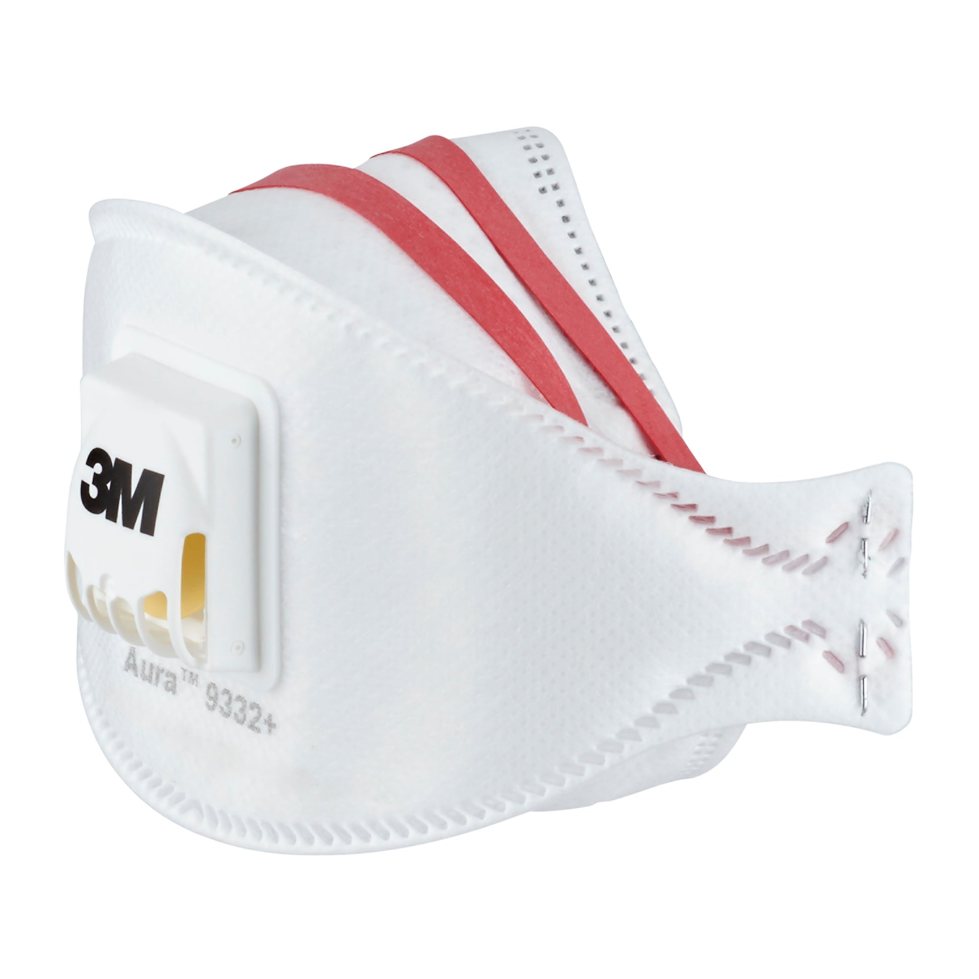 Die 3M™ Aura™ Comfort Cool Flow™ Partikelmaske 9332+, FFP3, mit Ventil von 3M Deutschland GmbH ist eine weiße Atemschutzmaske mit zwei roten elastischen Bändern und einem gelben Ventil, abgebildet auf einem einfarbigen Hintergrund.