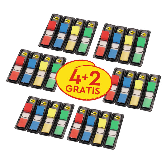 Sechs Packungen Post-it® Index Haftstreifen Mini (11,9 mm x 43,2 mm) in verschiedenen Farben sind um einen gelben Kreis mit "4+2 GRATIS" in roter Schrift angeordnet. Jede Packung enthält 4 Spender + 2 gratis, verpackt von 3M Deutschland GmbH.