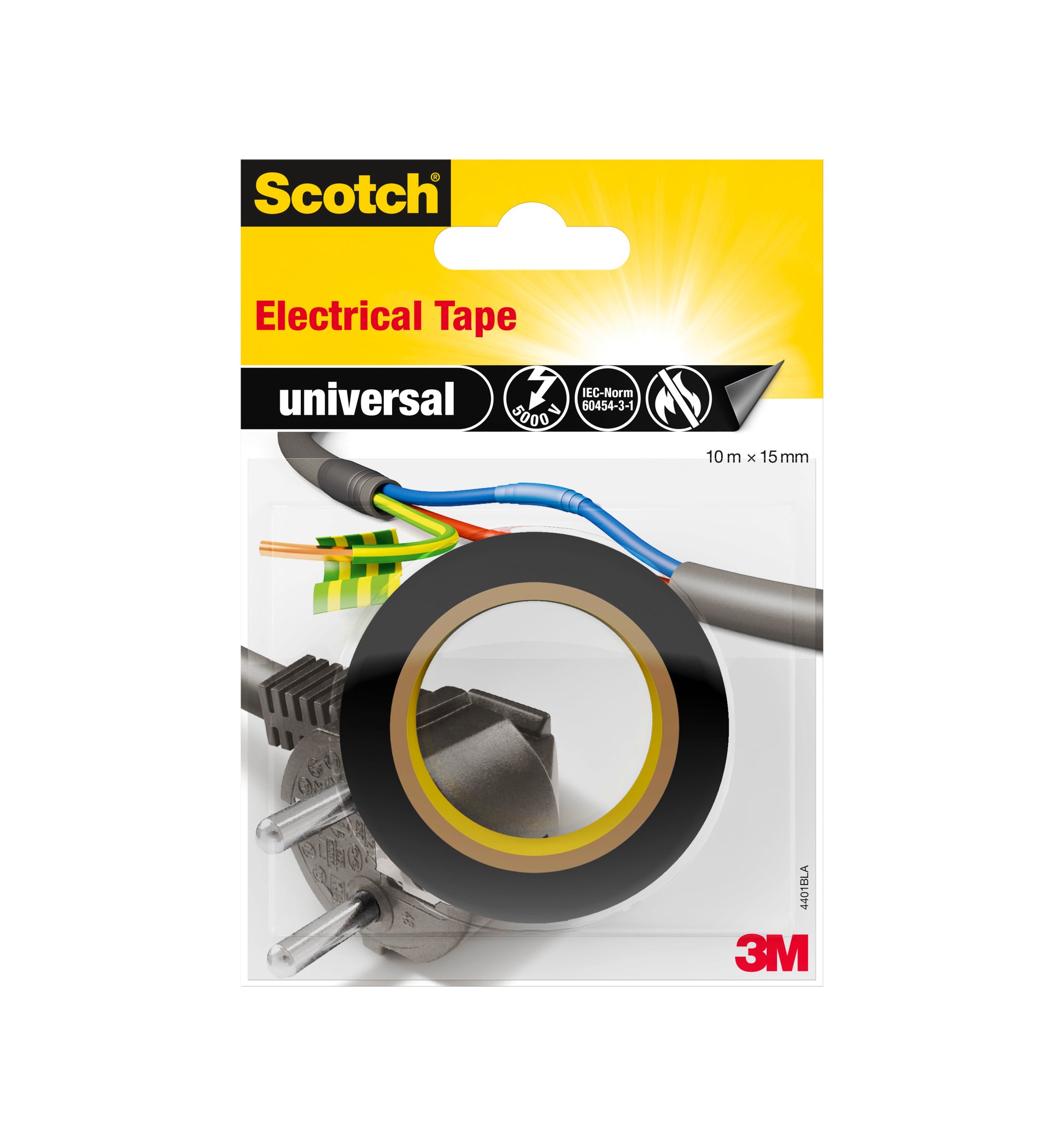 Eine Packung Scotch® Isolierband universal (10 m x 15 mm, 1 Rolle) der 3M Deutschland GmbH, mit einer schwarzen Rolle Klebeband, farbigen Drähten, einem Stecker und dem Etikett "universal". Das 3M-Logo erscheint unten rechts.