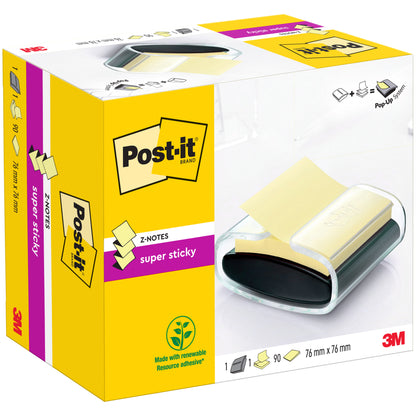 Ein schwarzer Post-it® Z-Notes Dispenser (PRO) mit 90 gelben Super Sticky Z-Notes (76 mm x 76 mm) von 3M Deutschland GmbH.