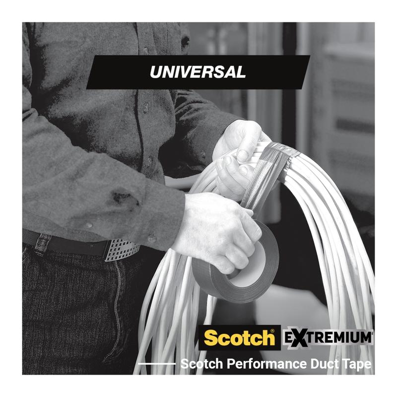 A person wraps Scotch® Extremium™ Universal Adhesive Tape, 3 m x 19 mm (from 3M Deutschland GmbH) around cables. The black-and-white image shows "UNIVERSAL" at the top and the product branding at the bottom.