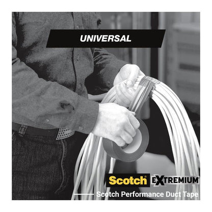 A person wraps Scotch® Extremium™ Universal Adhesive Tape, 3 m x 19 mm (from 3M Deutschland GmbH) around cables. The black-and-white image shows "UNIVERSAL" at the top and the product branding at the bottom.