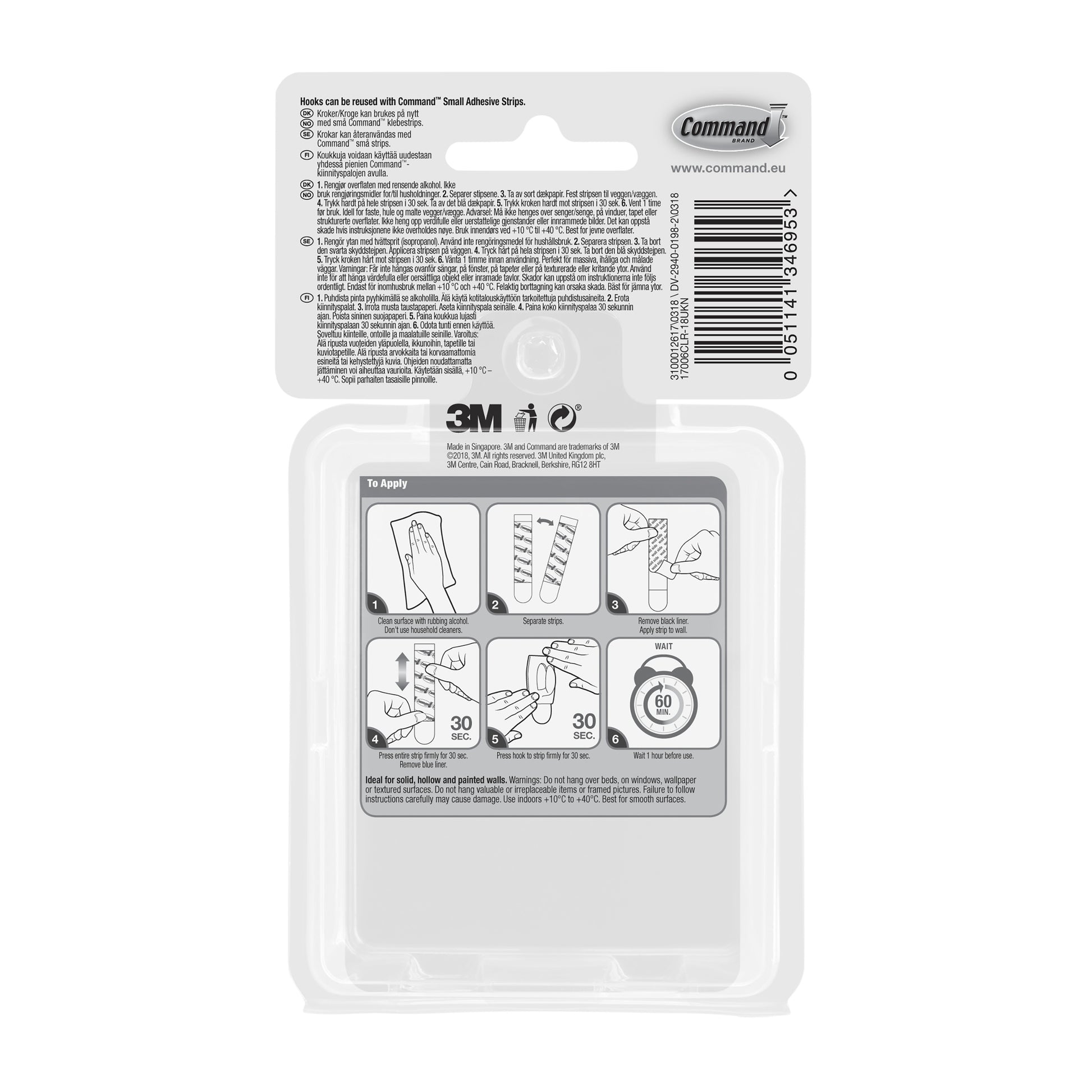 Die Rückseite eines Command™ Mini-Hakens, transparent, mit transparenten Strips, 17006CLRFGN Packung (1 Stück) von 3M Deutschland GmbH zeigt Anleitungen, Diagramme für die Anwendung der Streifen, Produktdetails in englischer Sprache sowie Barcode und Command-Logo oben rechts.