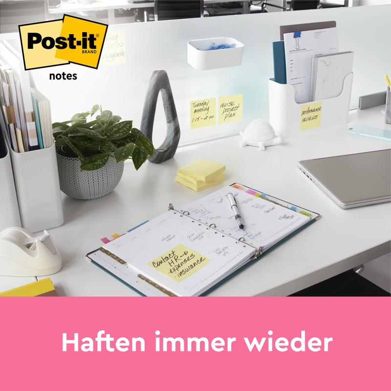 An organized office desk with 3M Deutschland GmbH Post-it® Notes, Yellow (38 mm x 51 mm, 100 sheets/pad, 8 pads + 4 free), weekly planner, laptop, stationery, and plant. Text: "Stick again and again.