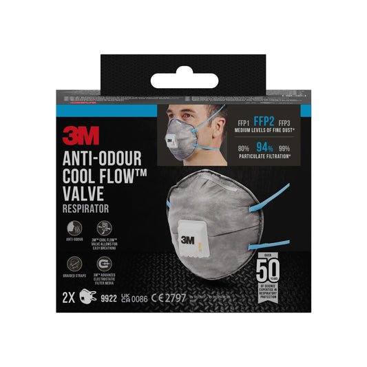 Eine Schachtel der 3M™ Cool Flow™ Partikelmaske 9922, FFP2, geruchshemmend und mit Ventil von 3M Deutschland GmbH, zeigt die Maske im Detail sowie getragen. Die 2er-Packung bietet FFP2-Schutz und geruchshemmende Filtration.