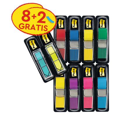 The 3M Deutschland GmbH Post-it® Index Flag Mini Set (11.9 x 43.2 mm) contains assorted colors and blue/yellow index arrows, with the promotion "8+2 FREE" for easy document marking - a total of 8 dispensers + 4 free per pack.