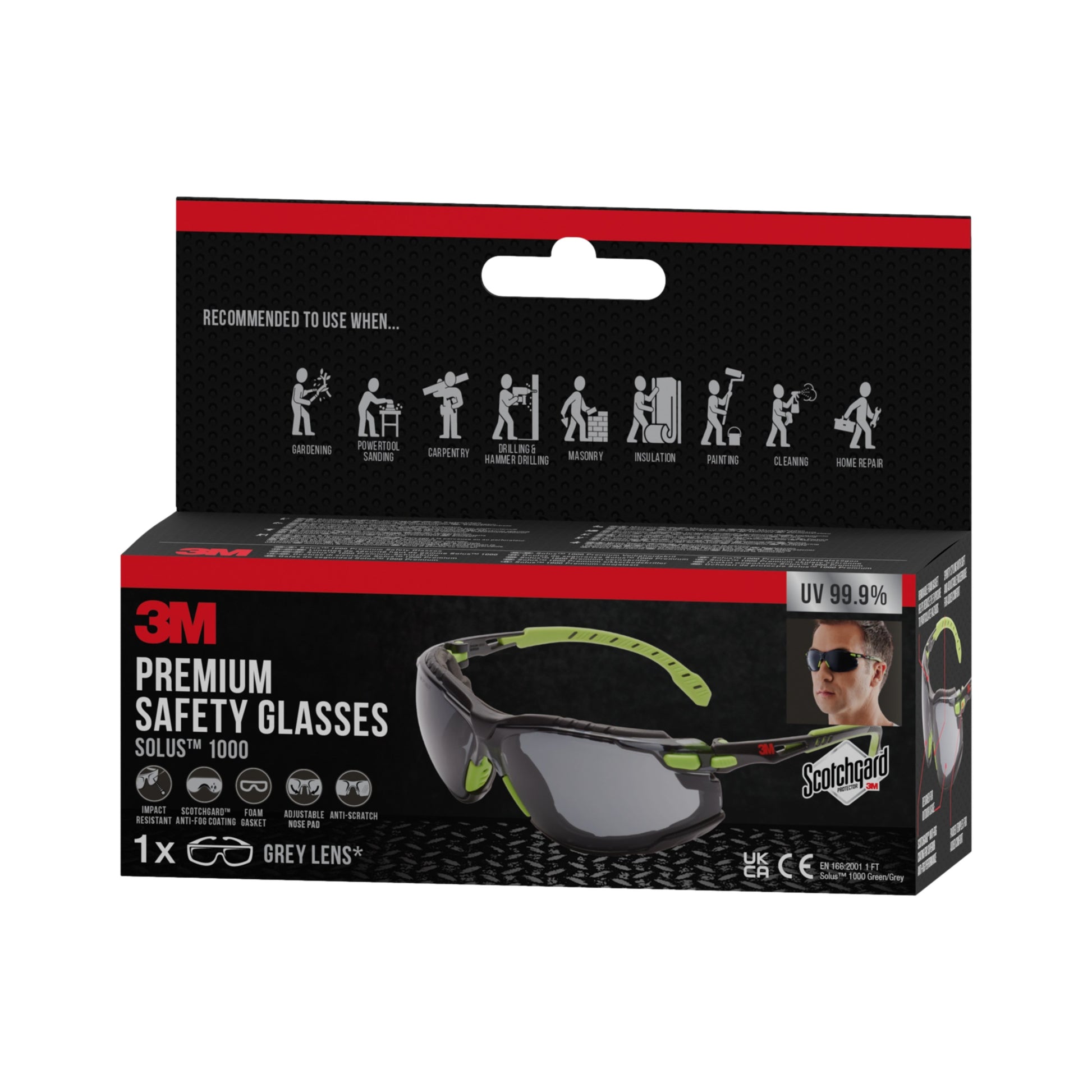 Eine 3M™ Solus™ Schutzbrille 1000 mit grauen Gläsern, grünem/schwarzem Rahmen und Scotchgard™ Anti-Beschlag-Beschichtung. Die Verpackung hebt den UV-Schutz von 99,9 % und die Nutzungssymbole auf der oberen Klappe hervor. Marke: 3M Deutschland GmbH. Packung (1 Stück).