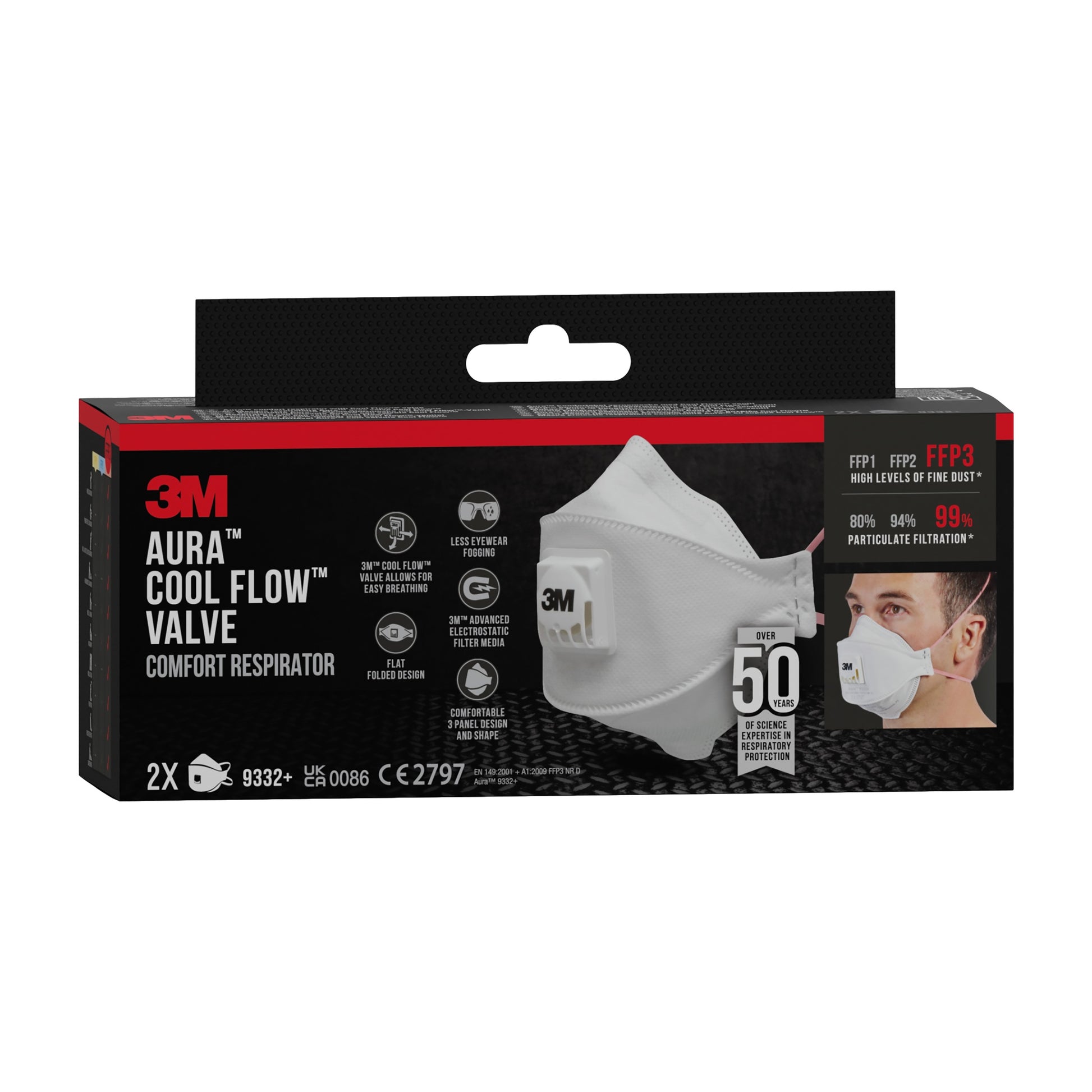 Abgebildet ist eine Schachtel der 3M™ Aura™ Comfort Cool Flow™ Partikelmaske 9332+, FFP3, mit Ventil von 3M Deutschland GmbH mit einer Abbildung der weißen Maske und des Trägers. Die Schachtel enthält 2 Masken und hebt die Filtrationseffizienz und den Komfort hervor.