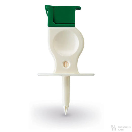 Abgebildet ist ein weißer Kunststoff-Adapter der Servoprax GmbH (Extra-Spike Plus, ohne Partikelfilter, mit Belüftungsfilter 3 µm) mit grüner Flip Cap und spitzer Spitze auf weißem Hintergrund. Verpackung: 25 Stück.